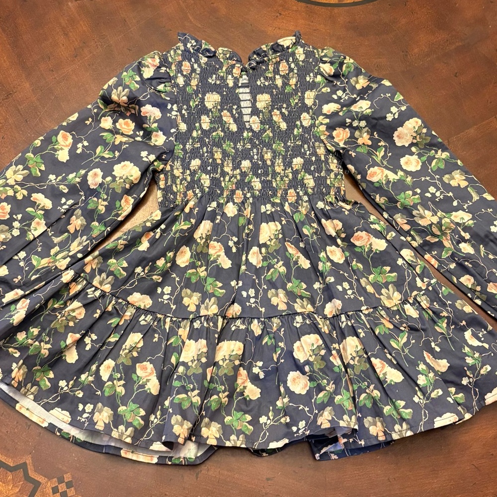 Hill House Navy Floral Smocked Top with Cream and Green Accents